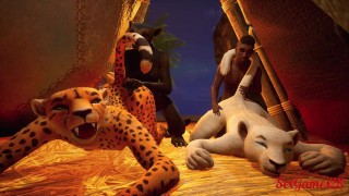 毛茸茸的女同性恋女孩与幸运儿之间的狂欢