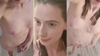 Busty TGirl 在淋浴时抚摸