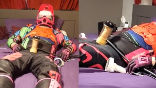 摩托车骑自行车的人在看VR色情片时挤奶