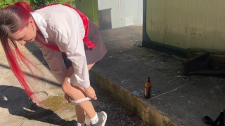 I caught my neighbor's daughter, a graduate, drinking  and punished her with a bottle in her ass